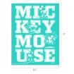 Turquoise poster with "MICKEY MOUSE" in large white letters, featuring four different classic Mickey Mouse illustrations in various playful poses around and within the letters. Dimensions: 8.5" wide by 11" tall.