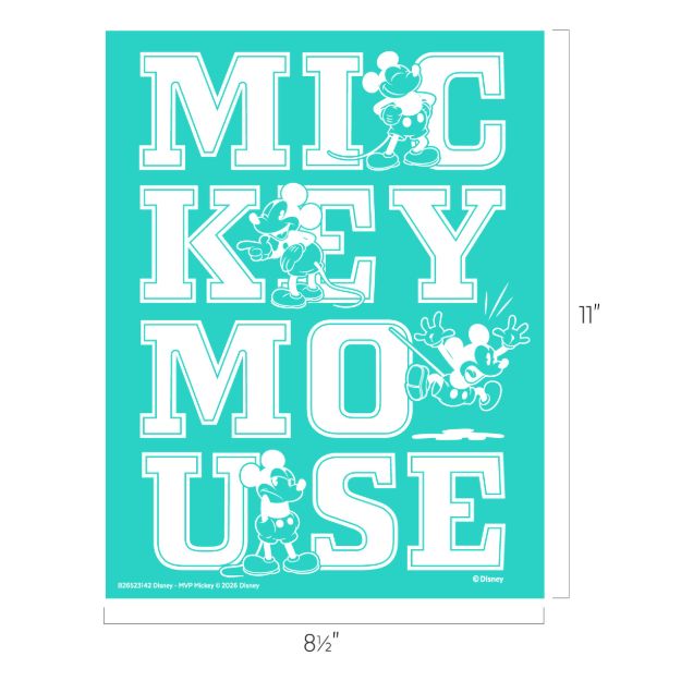 Turquoise poster with "MICKEY MOUSE" in large white letters, featuring four different classic Mickey Mouse illustrations in various playful poses around and within the letters. Dimensions: 8.5" wide by 11" tall.