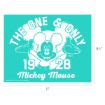 Turquoise graphic of Mickey Mouse with open arms, text reads "The One & Only Mickey Mouse 1928." Dimensions shown: 11 inches wide by 8.5 inches tall.
