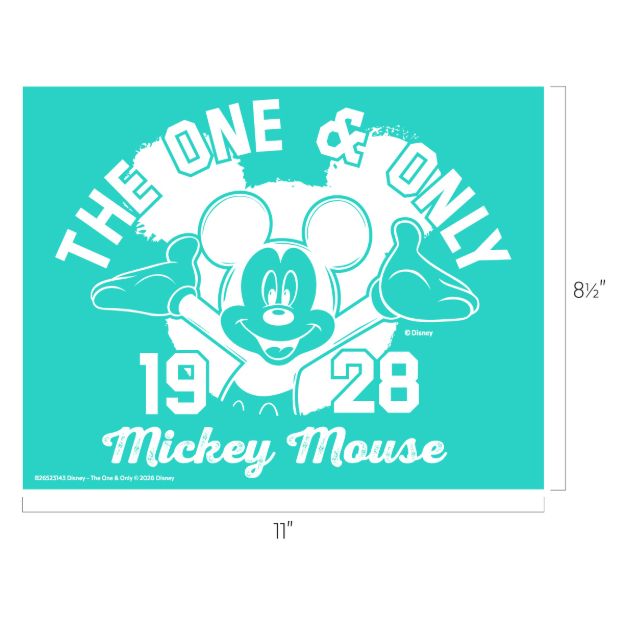 Turquoise graphic of Mickey Mouse with open arms, text reads "The One & Only Mickey Mouse 1928." Dimensions shown: 11 inches wide by 8.5 inches tall.