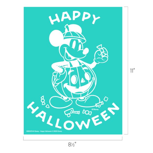 White outline of Mickey Mouse wearing a hat, standing inside a jack-o’-lantern, holding candy. "HAPPY HALLOWEEN" is written above and below. Image size is 8.5 by 11 inches.