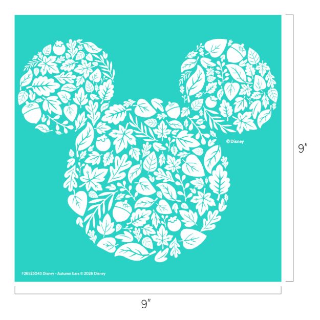 White floral and leaf patterns form a Mickey Mouse head silhouette on a teal background. The image is square, measuring 9 inches by 9 inches.