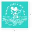 Mickey Mouse rakes leaves with the text "Turning Over a New Leaf" above him and "Mickey Mouse" below, on a teal square background with white outlines.