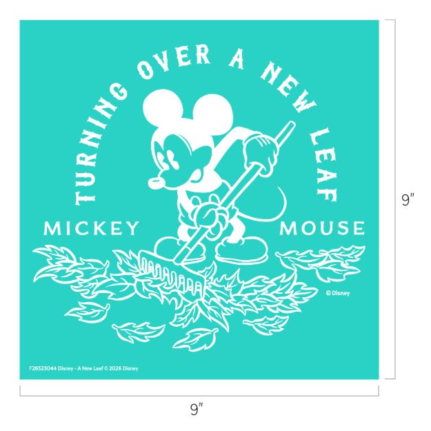 Mickey Mouse rakes leaves with the text "Turning Over a New Leaf" above him and "Mickey Mouse" below, on a teal square background with white outlines.