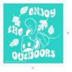 White text reads “Enjoy the Outdoors” with leaves and Mickey Mouse’s glove holding a leaf on a teal background. The image size is 9 by 9 inches.