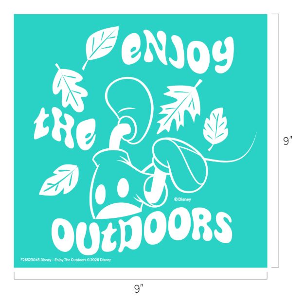 White text reads “Enjoy the Outdoors” with leaves and Mickey Mouse’s glove holding a leaf on a teal background. The image size is 9 by 9 inches.