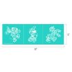 Three white line drawings of Disney characters dressed as a mummy, wizard, and Frankenstein’s monster on a teal background. Image shows dimensions: 18 inches wide by 6 inches tall.