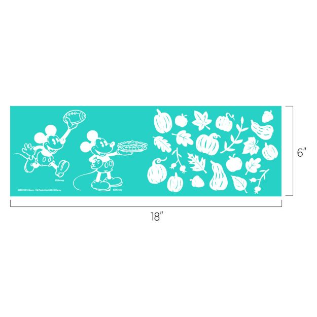 Teal stencil sheet with white outlines of two animated mice and several fruits, leaves, and vegetables. The sheet is 18 inches wide and 6 inches tall, with Disney copyright text at the bottom.