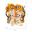Minnie and Mickey Mouse dressed as mummies hold pumpkin baskets, standing before a spooky orange background with a crescent moon, "BOO!" text, and bare black trees. Dimensions are 8.5" x 11".