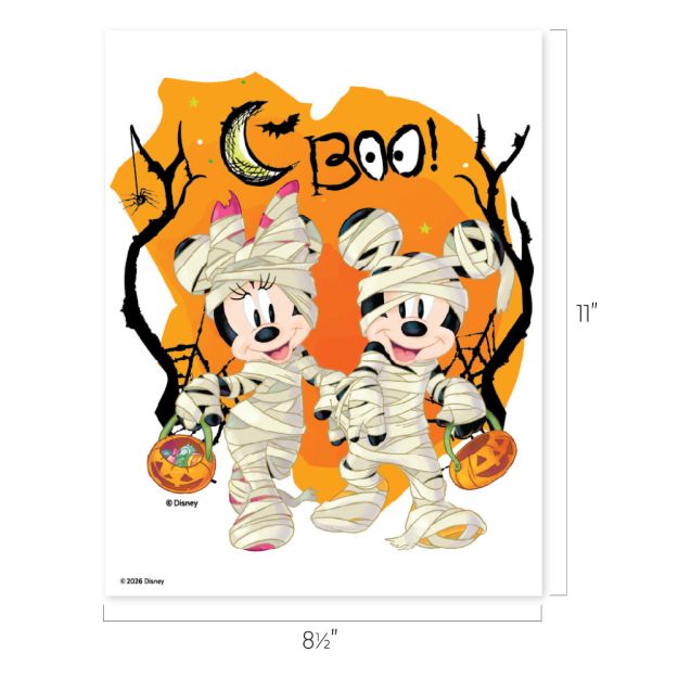 Minnie and Mickey Mouse dressed as mummies hold pumpkin baskets, standing before a spooky orange background with a crescent moon, "BOO!" text, and bare black trees. Dimensions are 8.5" x 11".