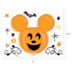 An orange Mickey Mouse-shaped pumpkin with a smiling face, surrounded by stars, swirls, decorative vines, and a flying cartoon bat. The image is 11 inches wide and 8.5 inches tall.