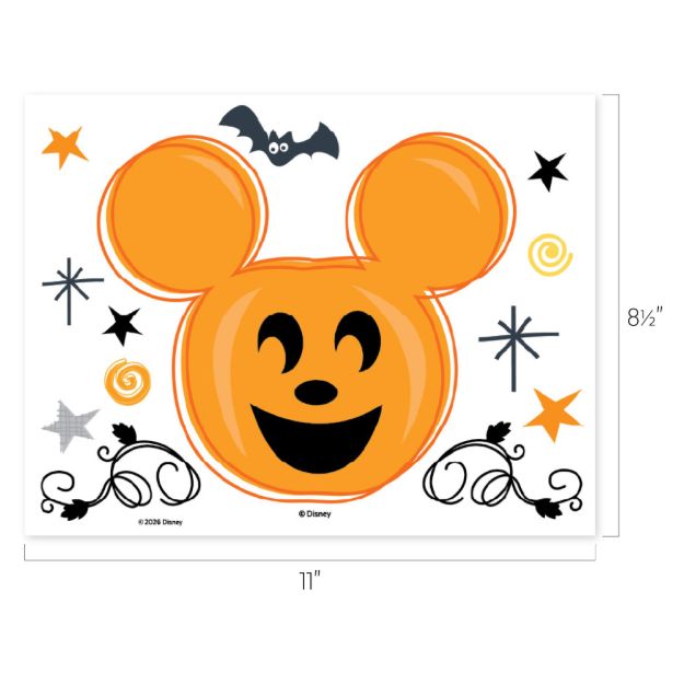 An orange Mickey Mouse-shaped pumpkin with a smiling face, surrounded by stars, swirls, decorative vines, and a flying cartoon bat. The image is 11 inches wide and 8.5 inches tall.