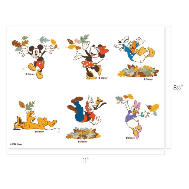 Disney characters Mickey, Minnie, Donald, Pluto, Goofy, and Daisy play joyfully with autumn leaves on a white background. Dimensions: 11 inches wide by 8.5 inches tall.