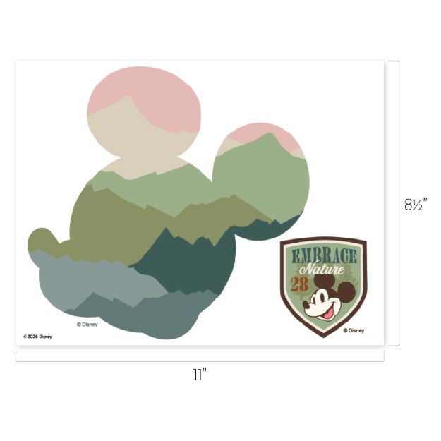 Illustration of Mickey Mouse’s head filled with green mountain shapes, and a badge featuring Mickey’s face, the words “Embrace Nature,” the number 28, and soft earth tones. Dimensions: 11 inches by 8.5 inches.