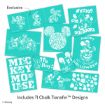 Teal sheet with white Disney chalk transfer designs: Mickey, Minnie, outdoor and Halloween themes, pumpkin, “Mickey Mouse” text, and various Mickey poses. Text reads “Includes 11 Chalk Transfer Designs.”.