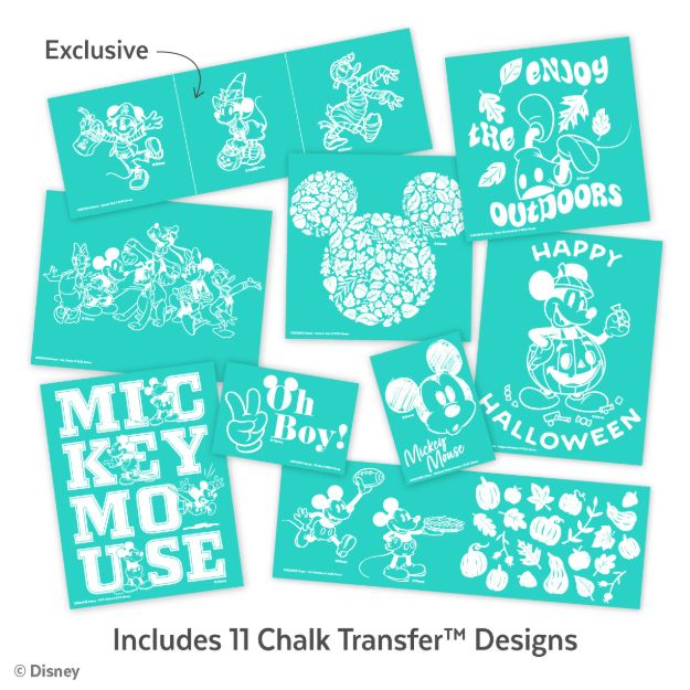 Teal sheet with white Disney chalk transfer designs: Mickey, Minnie, outdoor and Halloween themes, pumpkin, “Mickey Mouse” text, and various Mickey poses. Text reads “Includes 11 Chalk Transfer Designs.”.
