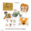 A selection of six Disney-themed heat transfer designs featuring Mickey and friends in fall and Halloween styles, including pumpkins, costumes, and autumn scenes. Text reads: “Includes 6 Heat Transfer Designs.”.