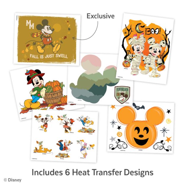 A selection of six Disney-themed heat transfer designs featuring Mickey and friends in fall and Halloween styles, including pumpkins, costumes, and autumn scenes. Text reads: “Includes 6 Heat Transfer Designs.”.