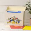 A file box with Disney characters, including Mickey, Minnie, Donald, Daisy, Goofy, and Pluto, stands on a desk with folders, a pencil, and a plant nearby.