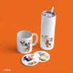 White mug, tumbler with straw, and two coasters featuring colorful images of Mickey Mouse, Minnie Mouse, and Donald Duck, all on an orange background. Disney copyright is visible in the lower left corner.