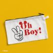 A white zippered pouch with "Oh Boy!" in red letters and a cartoon hand showing a peace sign, lying on a yellow background. Disney logo is in the corner.