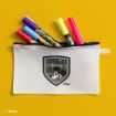 A white zippered pouch with a Mickey Mouse graphic and "Embrace Nature 28" holds colorful markers on a yellow background.