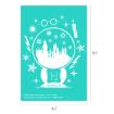 Illustration of a Hogwarts snow globe with castle silhouette, magic wand, glasses, candle, and lightning bolts on a teal background. Text and dimensions (4½" x 6½") shown below the image.