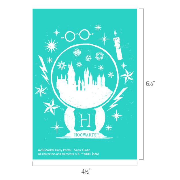 Illustration of a Hogwarts snow globe with castle silhouette, magic wand, glasses, candle, and lightning bolts on a teal background. Text and dimensions (4½" x 6½") shown below the image.