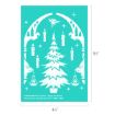 Turquoise card with a white enchanted Christmas tree, floating candles, owls, and holiday symbols framed by gothic arches. Text reads “Harry Potter – Happy Christmas.” Dimensions: 4½" x 6½".