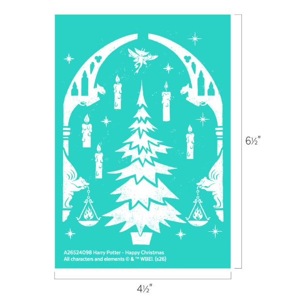 Turquoise card with a white enchanted Christmas tree, floating candles, owls, and holiday symbols framed by gothic arches. Text reads “Harry Potter – Happy Christmas.” Dimensions: 4½" x 6½".
