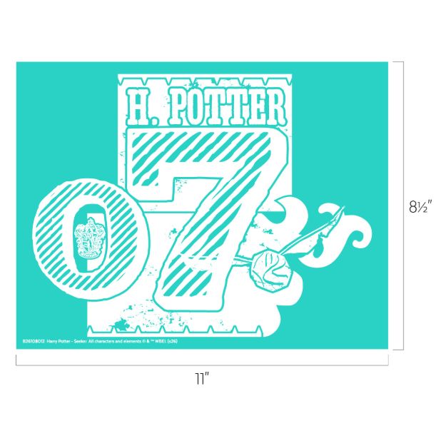 Turquoise graphic with "H. POTTER" text, a large number 7, a wand, a snitch, and a ring with a crest. Dimensions of image are 11 inches wide by 8.5 inches tall.