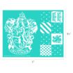 A stencil sheet featuring the Gryffindor crest, various heraldic designs, and pattern shapes from Harry Potter, shown on a turquoise background with dimensions 11 inches by 8.5 inches.