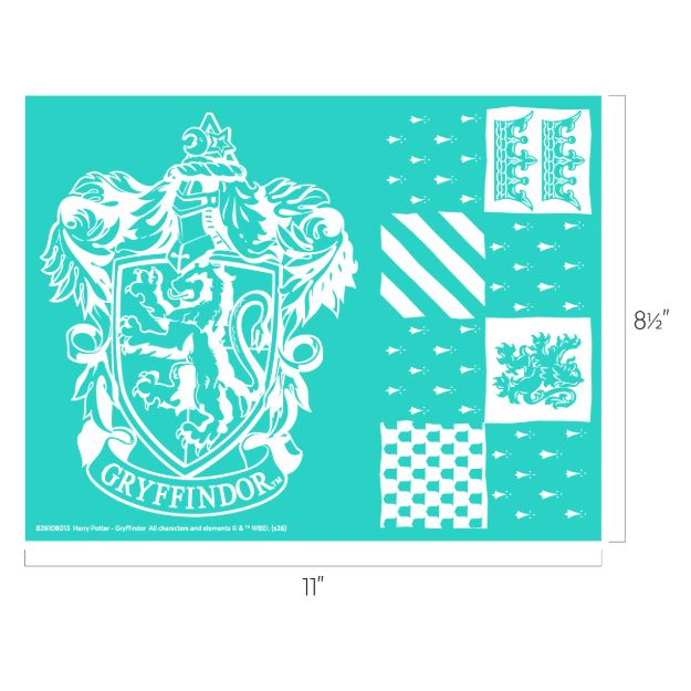 A stencil sheet featuring the Gryffindor crest, various heraldic designs, and pattern shapes from Harry Potter, shown on a turquoise background with dimensions 11 inches by 8.5 inches.