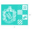Teal sheet with a white Hufflepuff crest featuring a badger, geometric shapes, stripes, and small badger, fish, and paw prints. Dimensions are 11 inches by 8.5 inches.