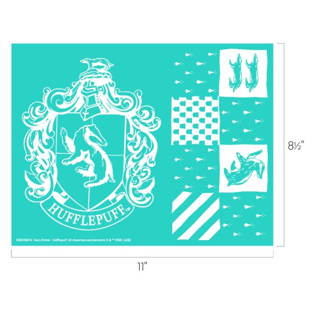 Teal sheet with a white Hufflepuff crest featuring a badger, geometric shapes, stripes, and small badger, fish, and paw prints. Dimensions are 11 inches by 8.5 inches.