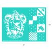 Teal stencil sheet with the Ravenclaw crest, a raven, shield, and various shapes like small ravens, diamonds, and checkerboard patterns. Sheet dimensions are 11 inches by 8.5 inches.