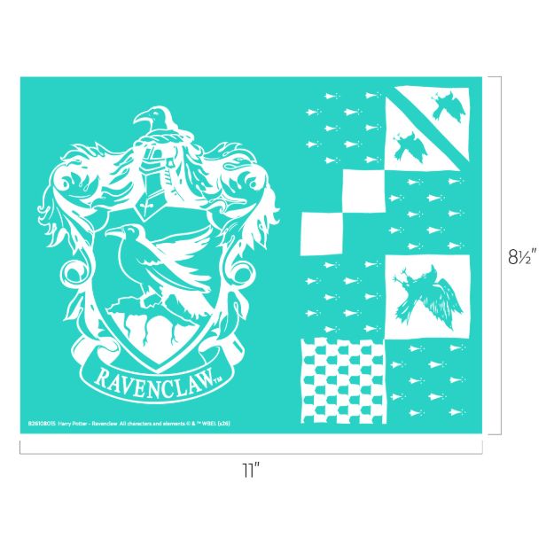 Teal stencil sheet with the Ravenclaw crest, a raven, shield, and various shapes like small ravens, diamonds, and checkerboard patterns. Sheet dimensions are 11 inches by 8.5 inches.