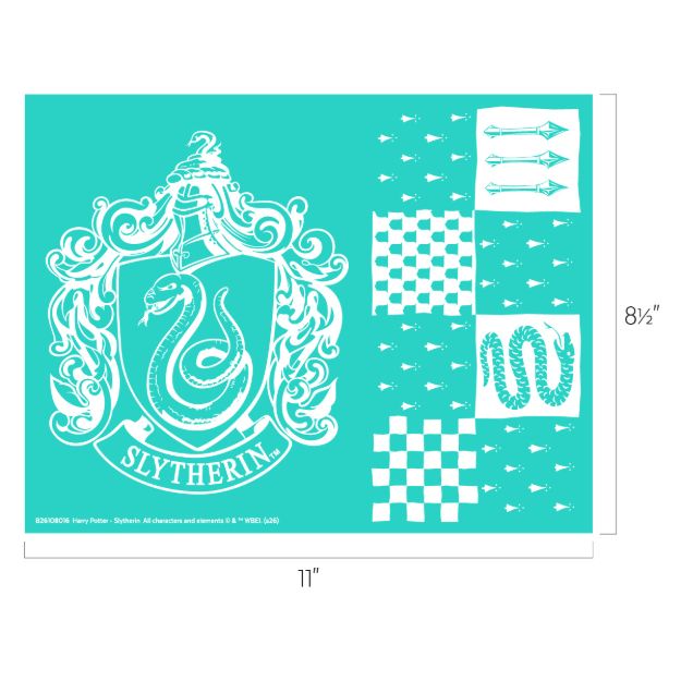 Turquoise stencil sheet with the Slytherin crest, snake, chessboard patterns, arrows, and small fish repeated. Dimensions are 11 inches by 8.5 inches.