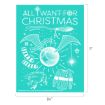 Teal poster with Harry Potter items: Nimbus 2000 broom, wand, socks, chocolate frog, golden snitch, sweater, and snowflakes. Text reads, "All I Want for Christmas." Dimensions are 11" tall by 8.5" wide.