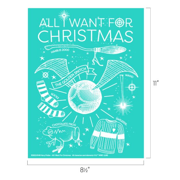 Teal poster with Harry Potter items: Nimbus 2000 broom, wand, socks, chocolate frog, golden snitch, sweater, and snowflakes. Text reads, "All I Want for Christmas." Dimensions are 11" tall by 8.5" wide.