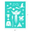 Turquoise sheet with white Harry Potter icons, including glasses, a wizard hat, broom, snitch, Gryffindor lion, sweater with "R", cup, phoenix, stars, the Deathly Hallows symbol, and a hippogriff. Dimensions: 11” x 8.5”.