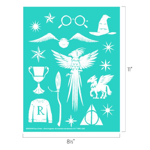 Turquoise sheet with white Harry Potter icons, including glasses, a wizard hat, broom, snitch, Gryffindor lion, sweater with "R", cup, phoenix, stars, the Deathly Hallows symbol, and a hippogriff. Dimensions: 11” x 8.5”.