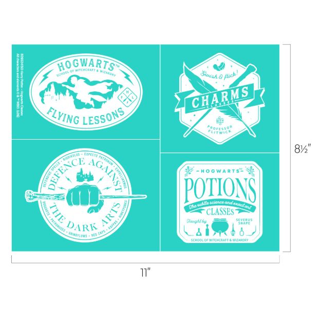 Four white Hogwarts class logos—Flying Lessons, Charms, Defense Against the Dark Arts, and Potions—are displayed on a teal background with an 11 by 8.5 inch measurement guide.