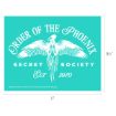 A turquoise sign with a white phoenix, reading "Order of the Phoenix Secret Society Est 1970." Dimensions are 8.5 inches by 11 inches.