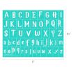 A turquoise sheet with uppercase and lowercase alphabet letters in a Harry Potter-style font, arranged in a grid. The sheet measures 11 inches wide by 8.5 inches tall.