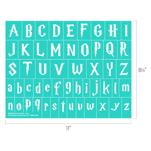 A turquoise sheet with uppercase and lowercase alphabet letters in a Harry Potter-style font, arranged in a grid. The sheet measures 11 inches wide by 8.5 inches tall.