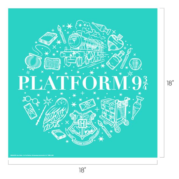 A turquoise square features "PLATFORM 9¾" in bold white letters, surrounded by white outlines of Harry Potter-themed items like a train, owl, glasses, scarf, trolley, and the Hogwarts crest.
