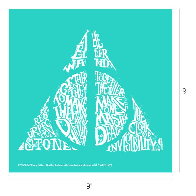 White text forms the Deathly Hallows symbol on a teal background, reading: “Together they make one master of death” with phrases for the Elder Wand, Resurrection Stone, and Cloak of Invisibility. Image is 9 x 9 inches.