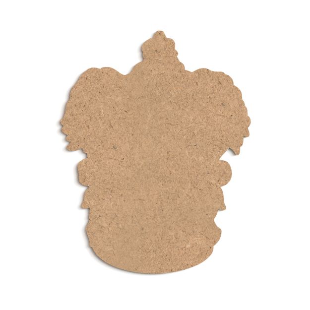 A blank, unfinished wood cutout shaped like an ornate crest or shield with curved and feathered edges, set against a white background.