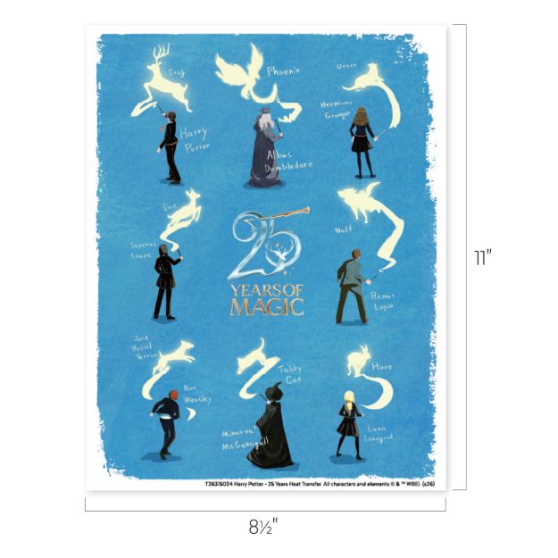 Blue poster with Harry Potter characters casting Patronus charms, which appear as glowing animal silhouettes. In the center is “25 Years of Magic.” Dimensions are 8.5 x 11 inches. Names and Patronus forms are labeled.